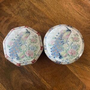 Vintage Japanese Porcelain Trinket Box Set Peacock Floral Round‎ Octagon Decor